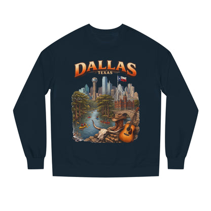 Dallas Skyline Crewneck Sweatshirt — Texas Cityscape & Acoustic Guitar Design