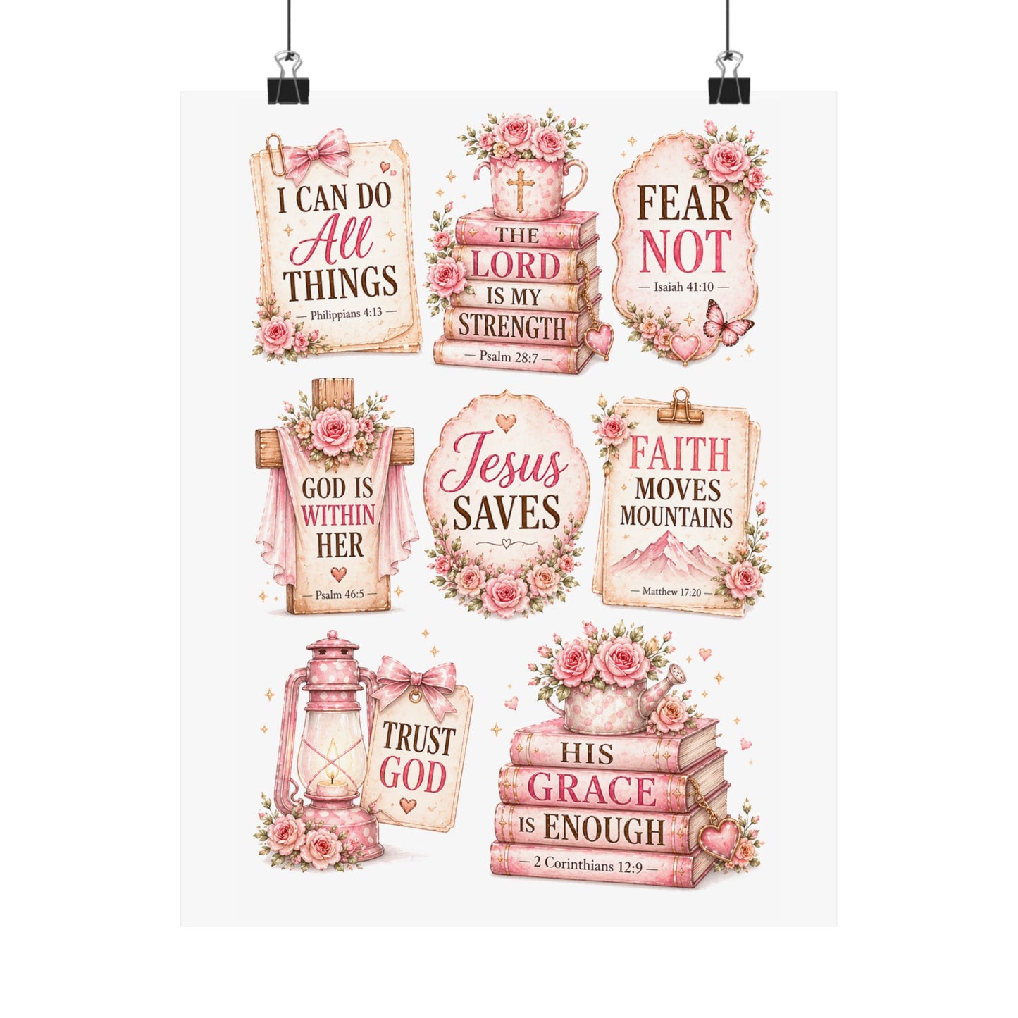Christian Scripture Matte Poster - Floral 'Jesus Saves' & Encouraging Verses (Vertical)