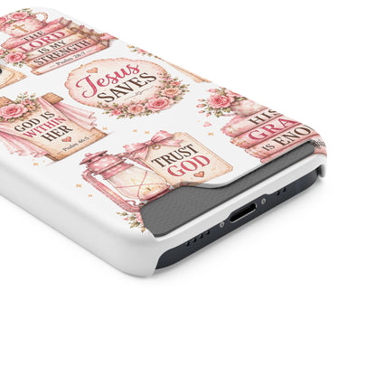 Christian Floral Phone Case with Card Holder — 'Jesus Saves' Inspirational Design