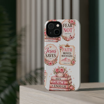 Christian Phone Case - "Fear Not, Faith Moves Mountains, Jesus Saves" Floral Magnetic Impact-Resistant Case