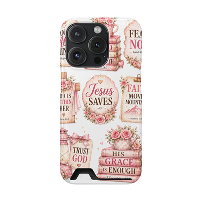 Christian Phone Case with Card Holder — 'Jesus Saves' Floral Scripture Design