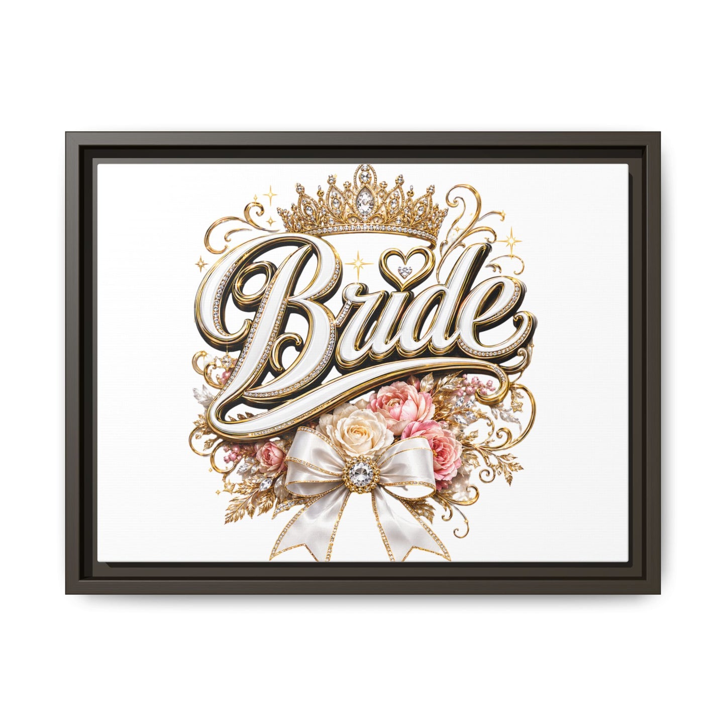 Framed Bride Canvas Wall Art — Elegant Bridal Crown & Floral Wedding Decor