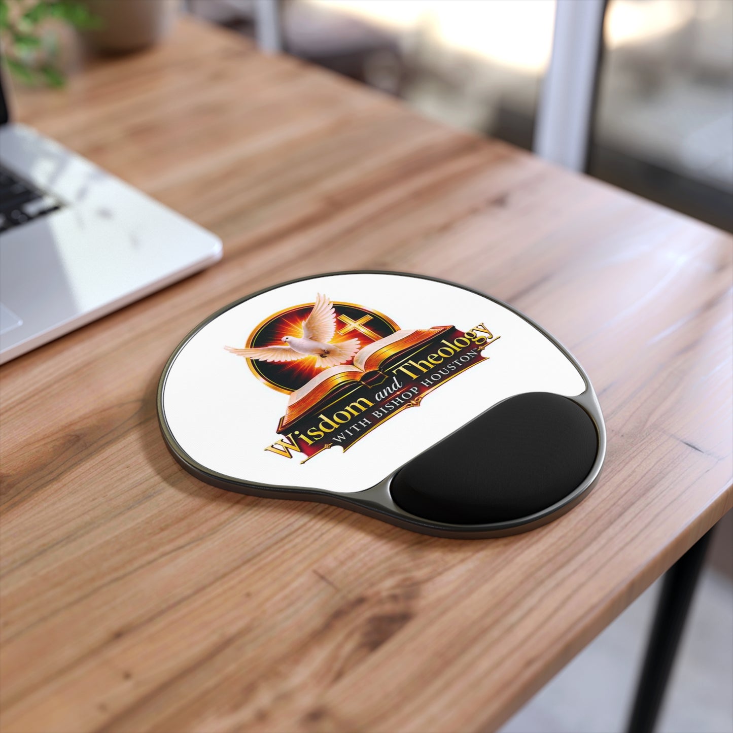 Wisdom & Theology Mouse Pad with Wrist Rest — Christian Dove & Cross Design