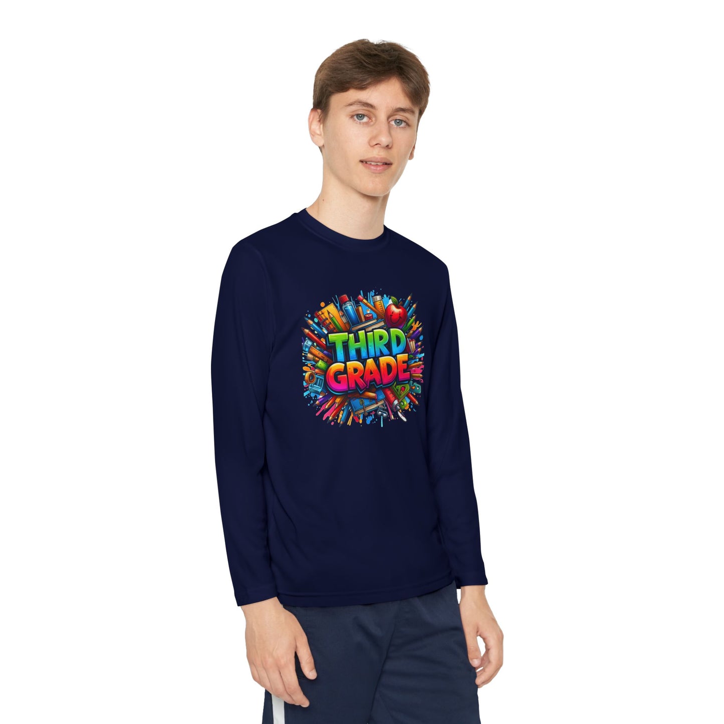 Third Grade Youth Long Sleeve Tee — Colorful School Supplies Design