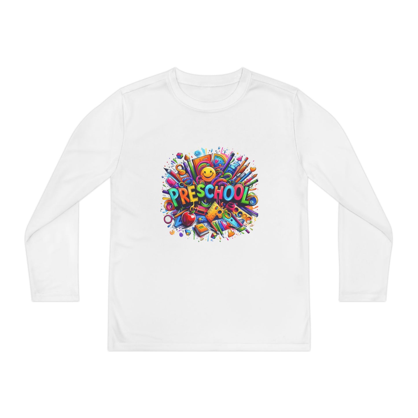 Youth Preschool Long Sleeve Tee - Colorful School Supplies Design