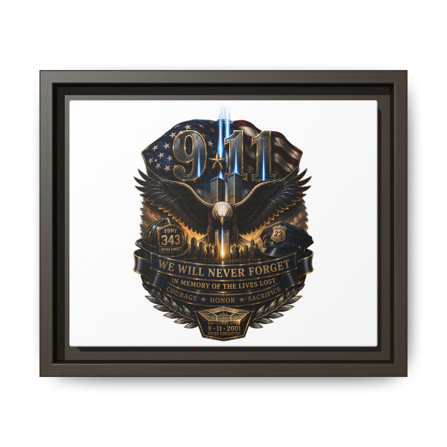 9/11 We Will Never Forget Matte Framed Canvas - Memorial Tribute Wall Art