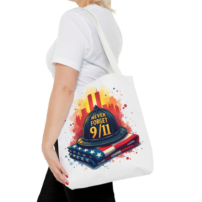 Never Forget 9/11 Memorial Tote Bag — Firefighter Helmet & Flag Tribute