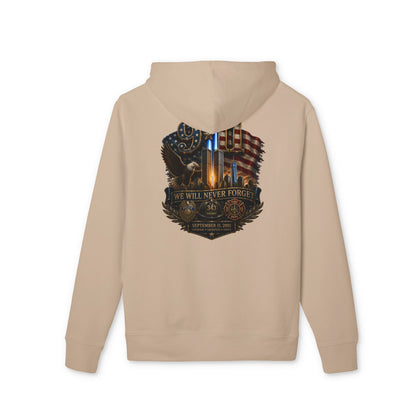 Patriotic Memorial Hoodie — "We Will Never Forget" American Flag & Thin Blue Line Design