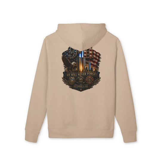Patriotic Memorial Hoodie — "We Will Never Forget" American Flag & Thin Blue Line Design