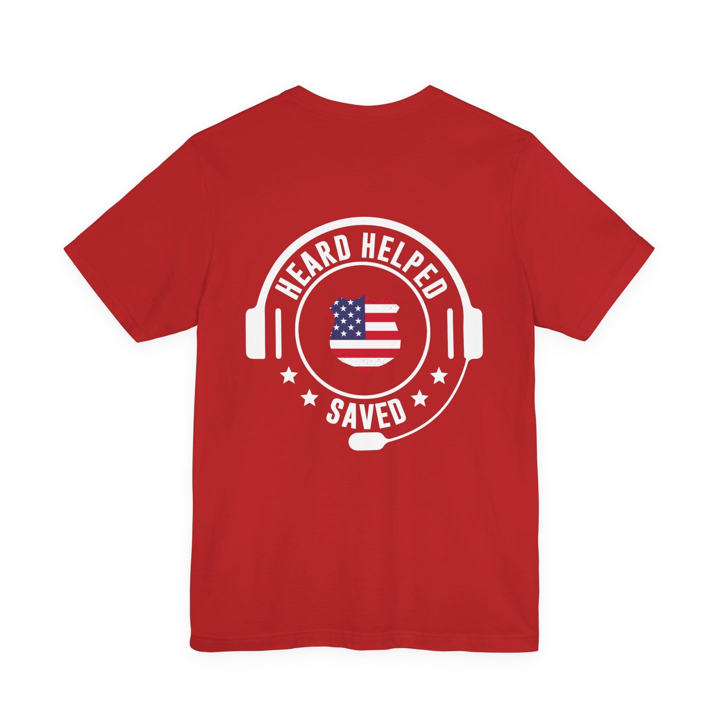 Headset Logo T-Shirt — "Heard Helped Saved" American Flag Design