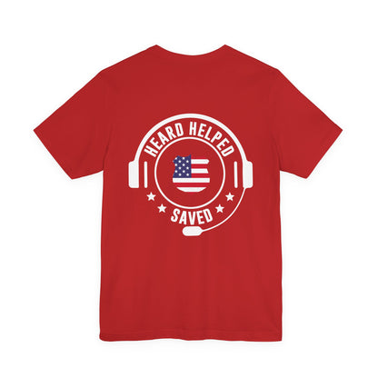 Headset Logo T-Shirt — "Heard Helped Saved" American Flag Design
