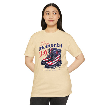 Memorial Day Flag Combat Boots T-Shirt – "Honoring All Who Served"
