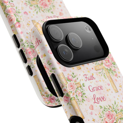 Faith Grace Love Tough Magnetic Phone Case — Floral Cross Protective Cover