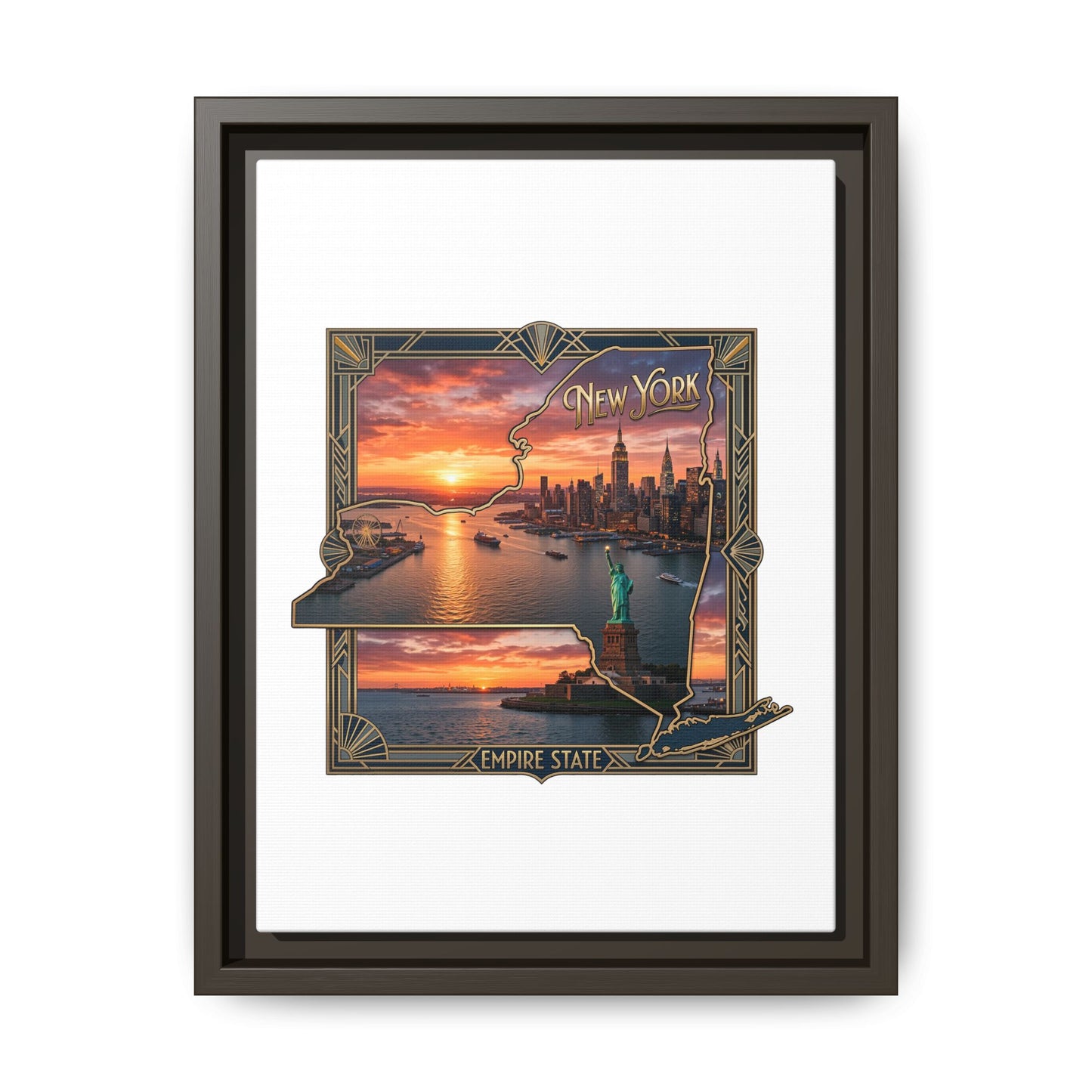 Framed Matte Canvas Wall Art — New York City Sunset Skyline with Statue of Liberty