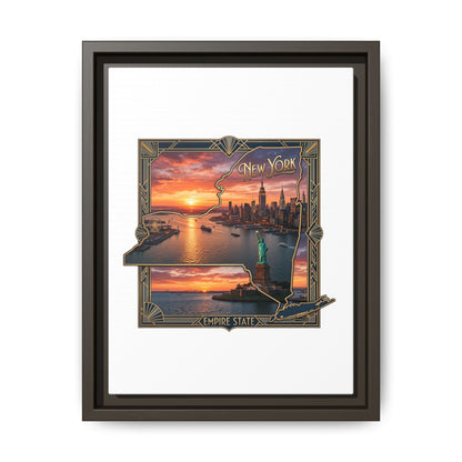 Framed Matte Canvas Wall Art — New York City Sunset Skyline with Statue of Liberty