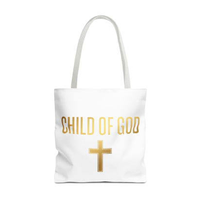 Child of God Tote Bag — Gold Cross Religious Canvas Tote