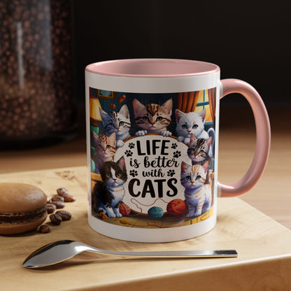 Life Is Better With Cats Accent Coffee Mug – Cute Kitten Cat Lover Gift (11/15oz)