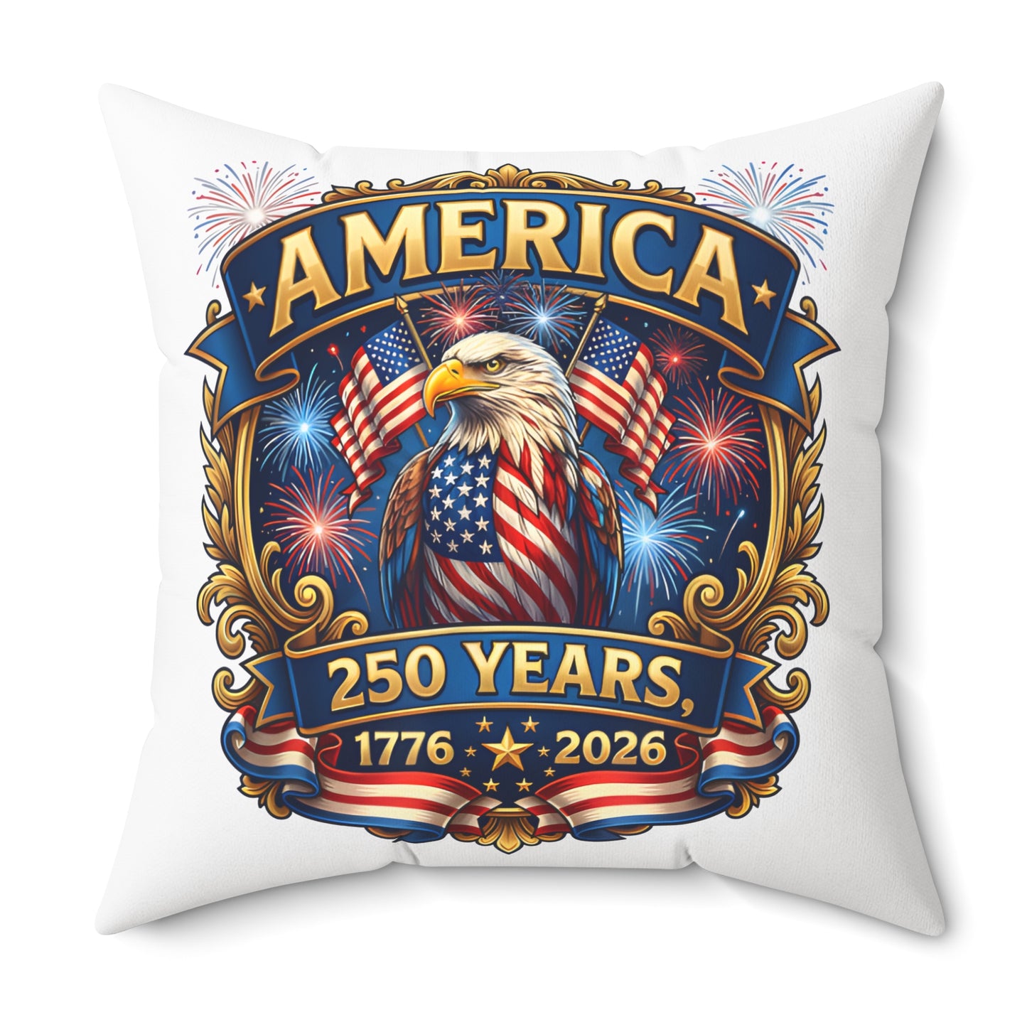 America 250th Anniversary Decorative Pillow — Eagle & Fireworks 1776–2026