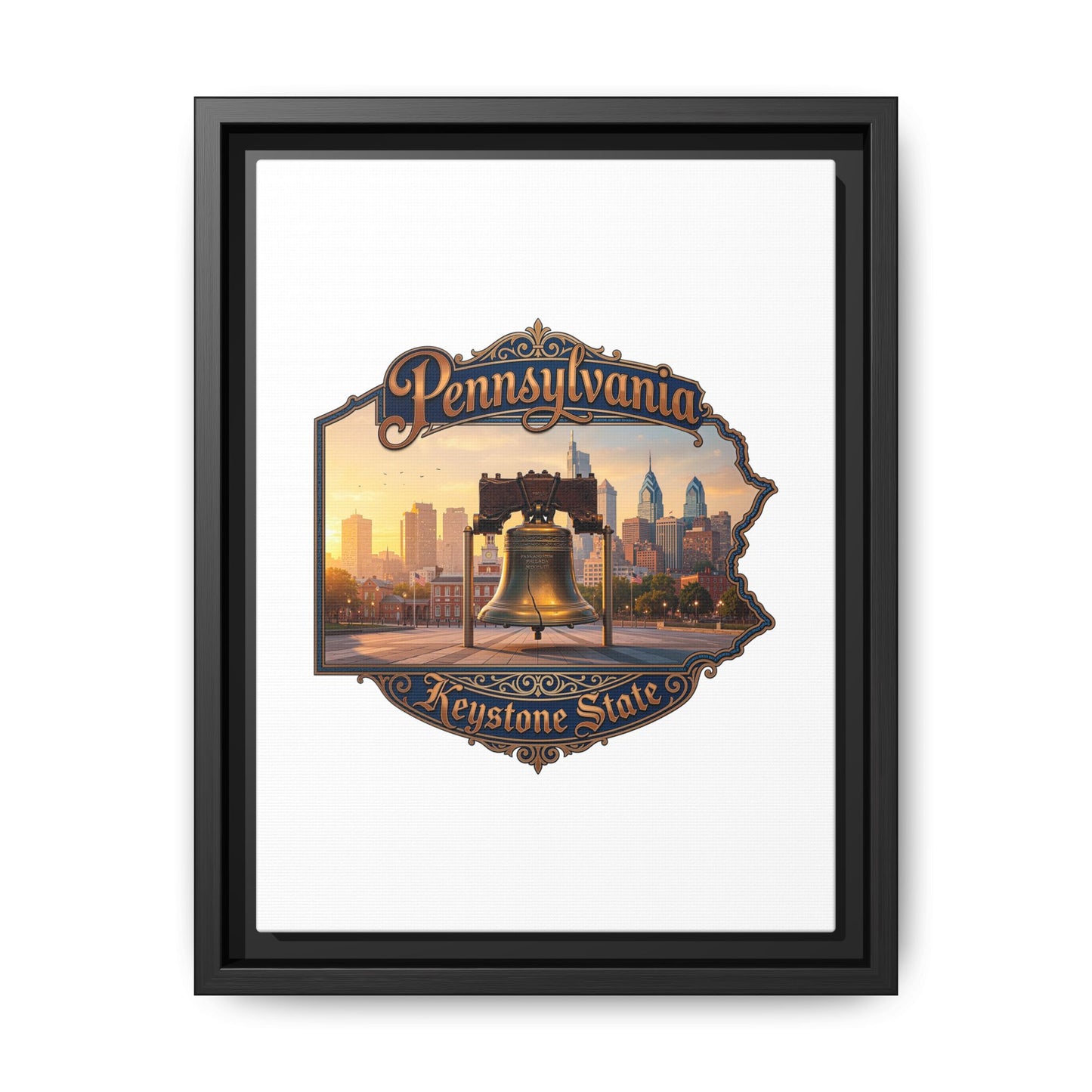 Pennsylvania Keystone State Framed Canvas Wall Art — Liberty Bell & Philadelphia Skyline