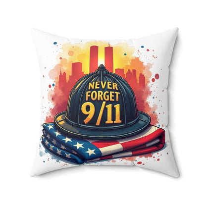 Never Forget 9/11 Memorial Throw Pillow — Firefighter Helmet & American Flag