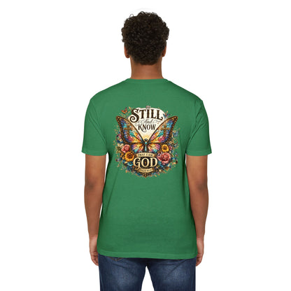 Christian Butterfly T-Shirt — "Be Still and Know That I Am God" Inspirational Tee