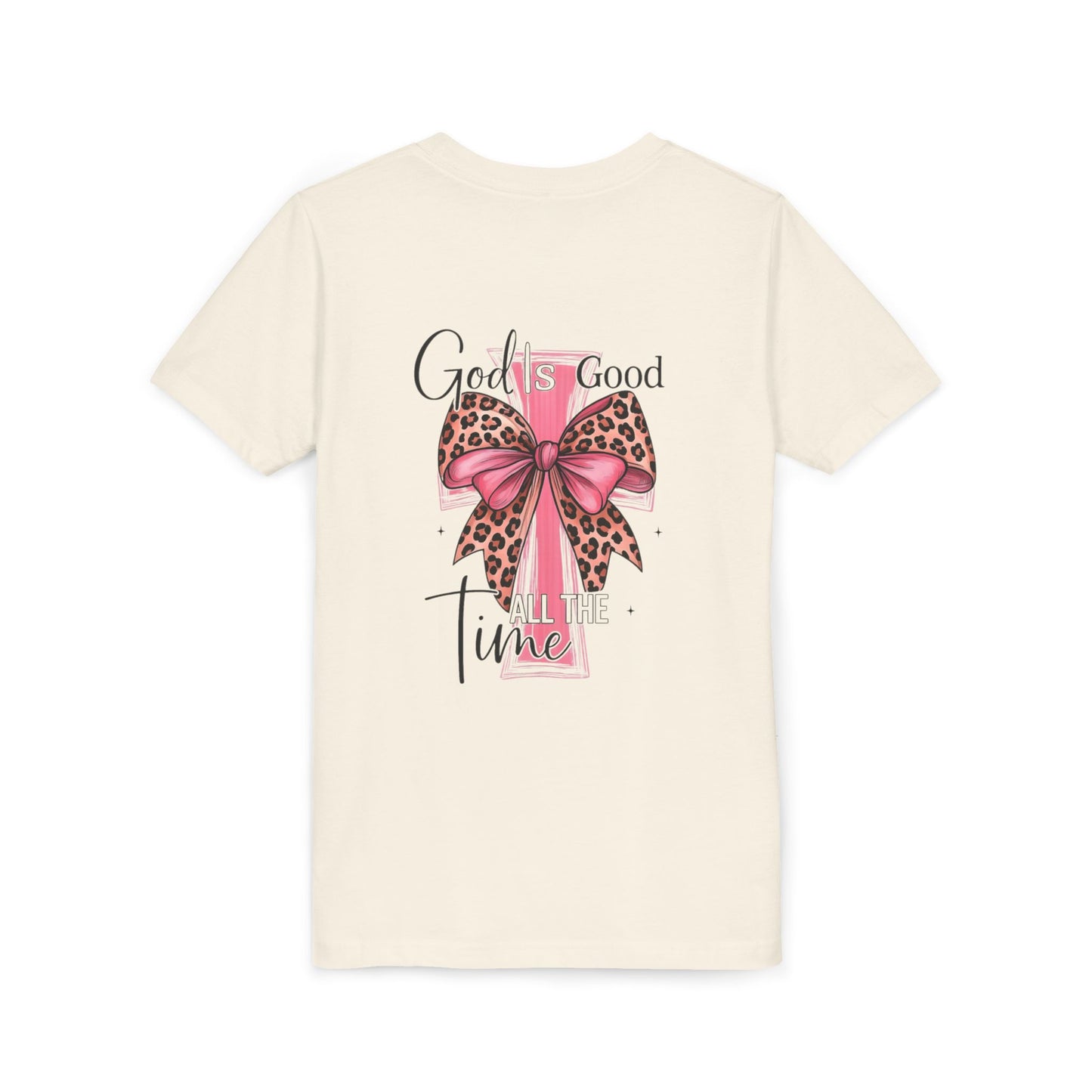 Youth Tee — "God is Good All the Time" Pink Cross with Leopard Bow