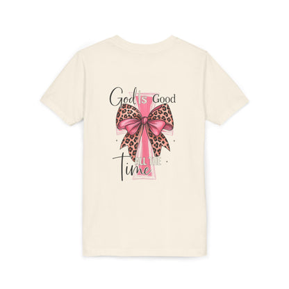 Youth Tee — "God is Good All the Time" Pink Cross with Leopard Bow