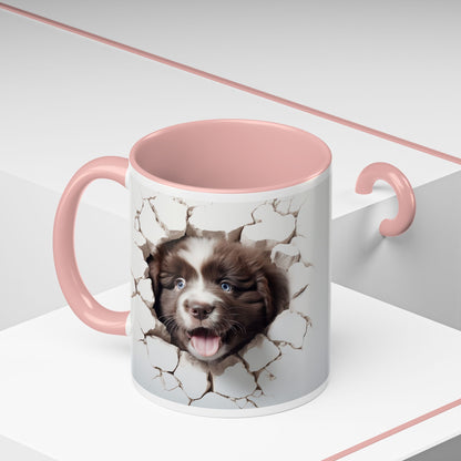 Puppy Breakthrough Accent Coffee Mug (11/15oz) — Cute Dog Face Cracked Wall Design