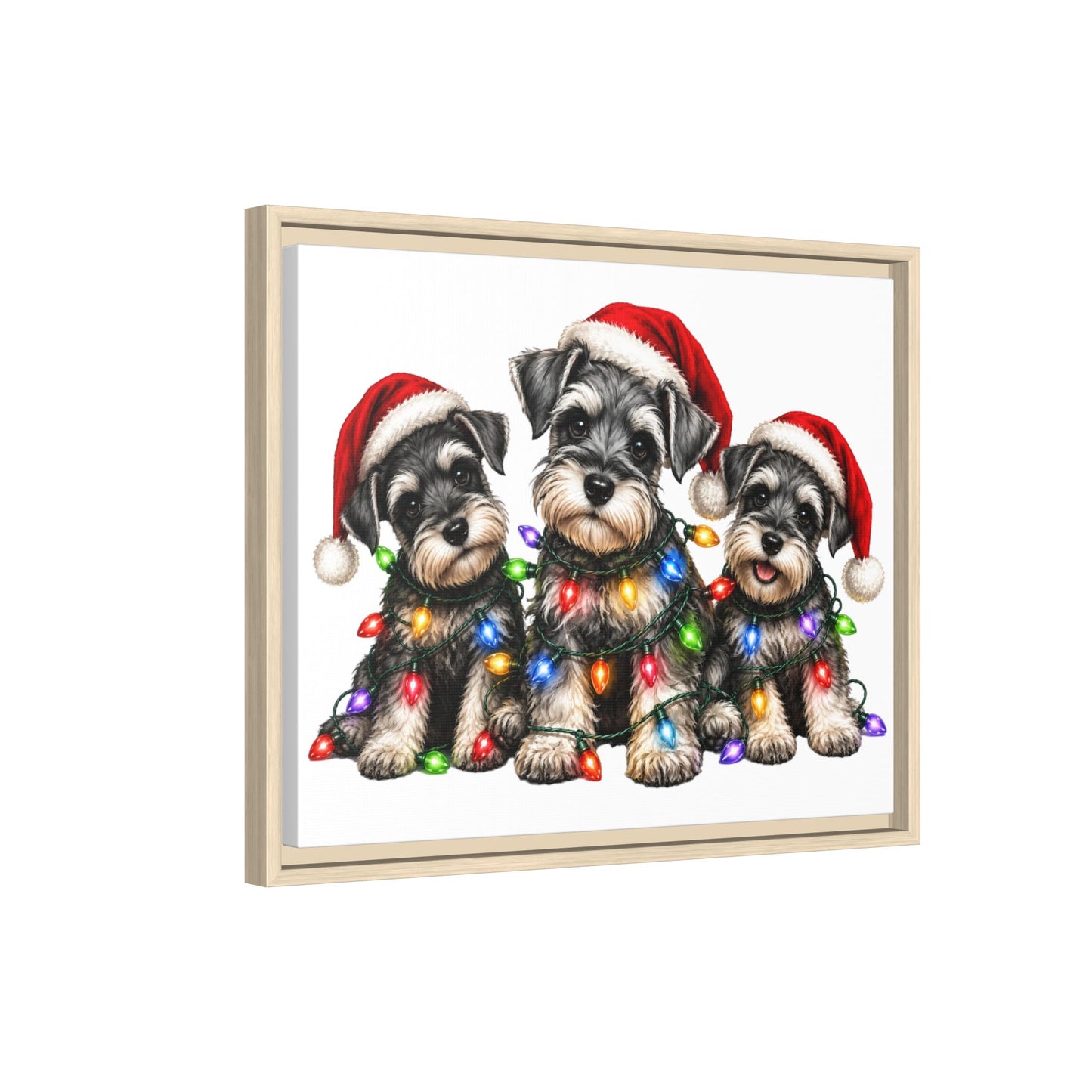 Christmas Schnauzer Canvas Print — Festive Puppies in Santa Hats (Matte Framed)