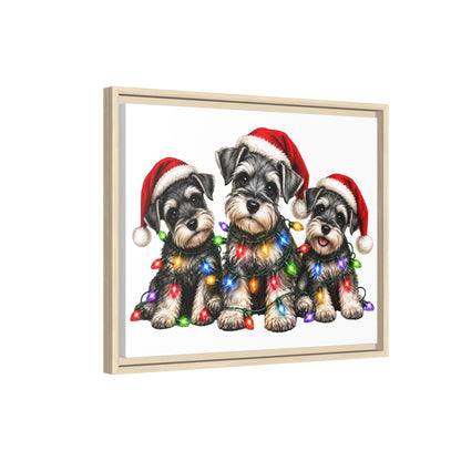 Christmas Schnauzer Canvas Print — Festive Puppies in Santa Hats (Matte Framed)
