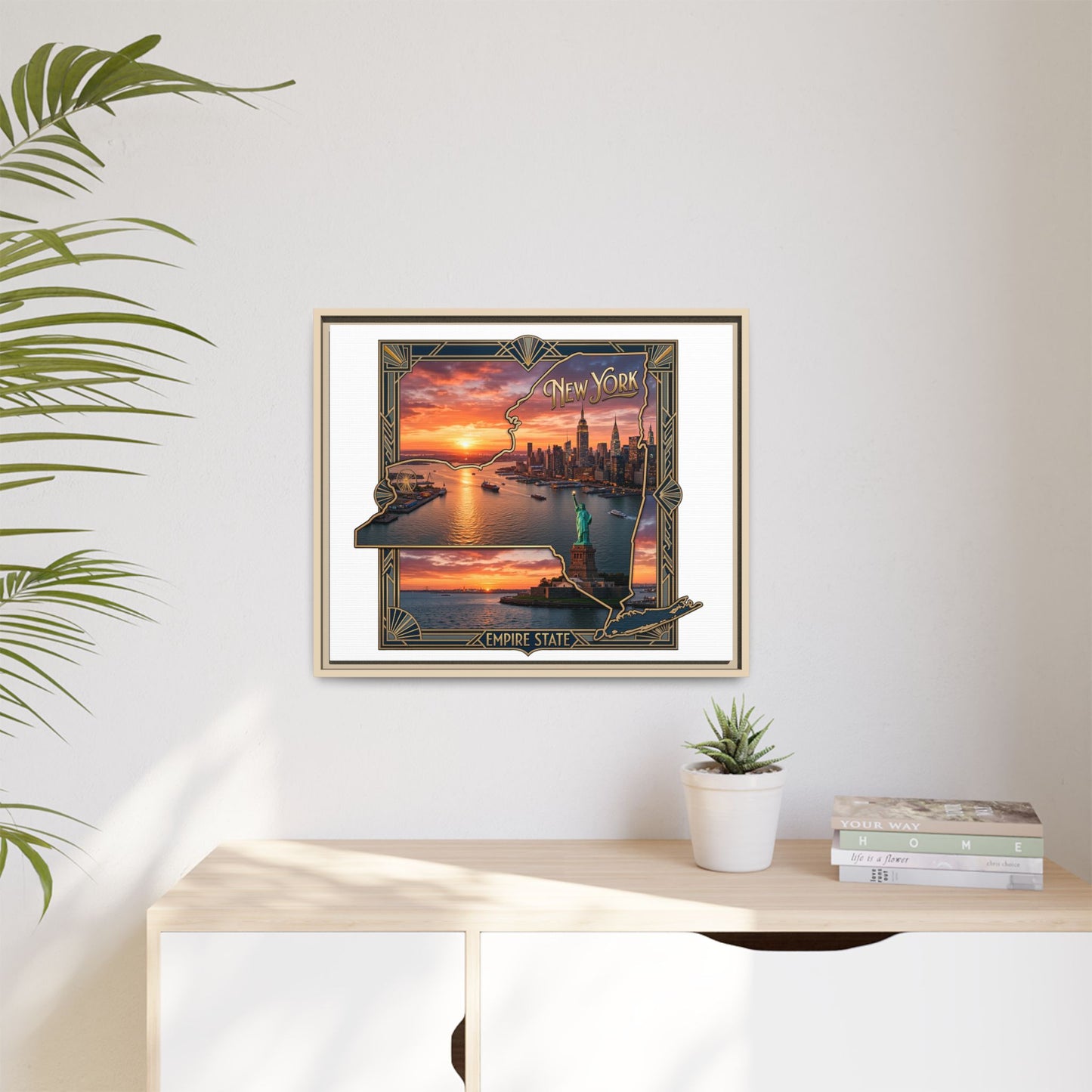 Framed Matte Canvas Wall Art — New York City Sunset Skyline with Statue of Liberty