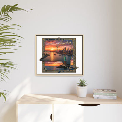 Framed Matte Canvas Wall Art — New York City Sunset Skyline with Statue of Liberty