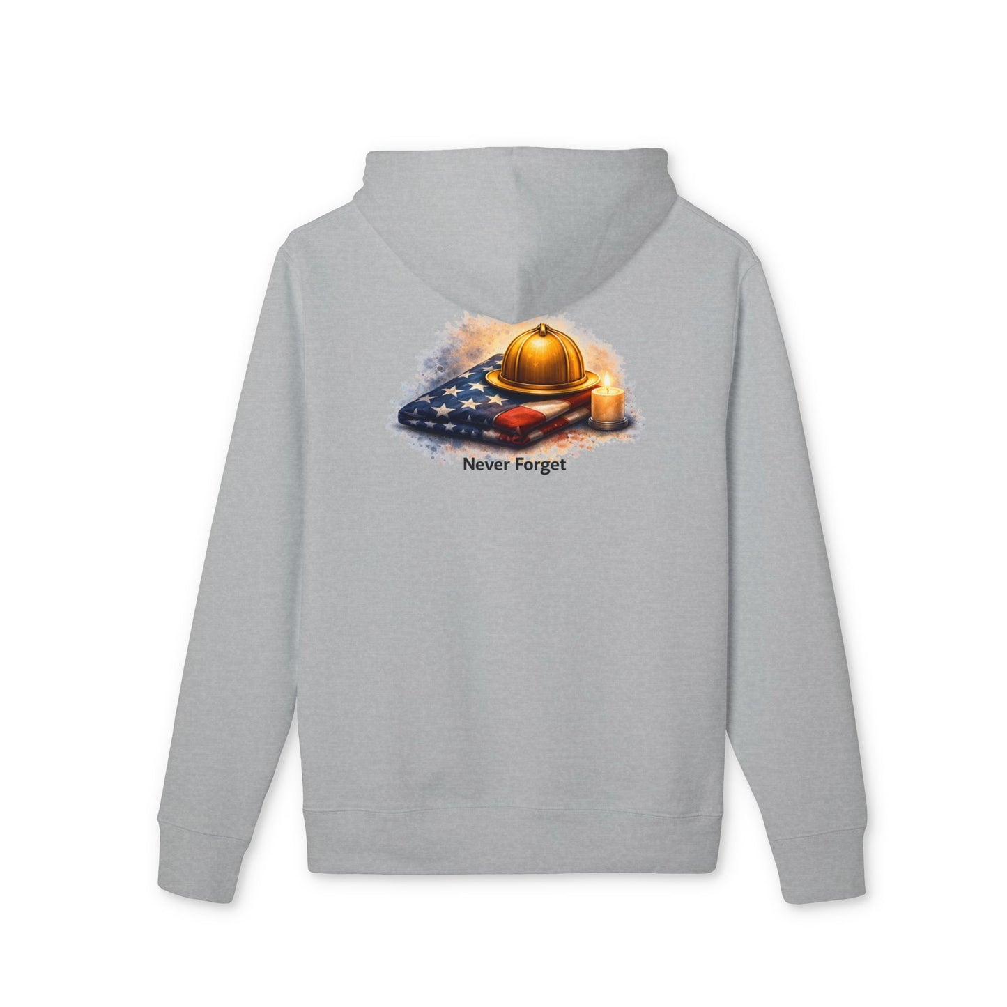 9/11 Never Forget Hoodie — Firefighter Helmet & Flag Tribute
