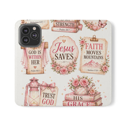Christian Floral Phone Flip Case — "Jesus Saves" & Inspirational Scripture Wallet Cover