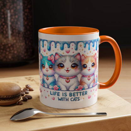 Life Is Better With Cats Accent Coffee Mug — Cute Pastel Kawaii Cat Trio (11/15oz)