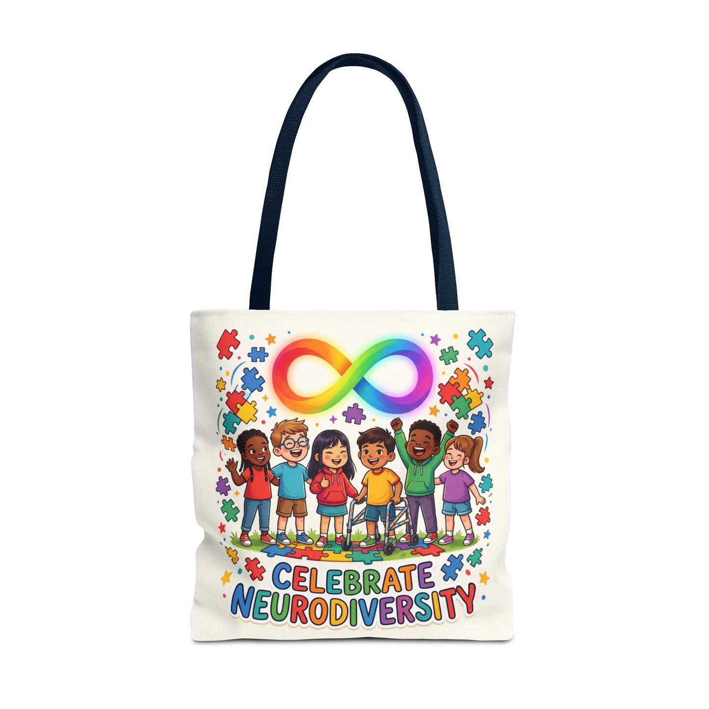 Celebrate Neurodiversity Tote Bag — Rainbow Infinity Symbol & Kids Design