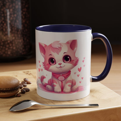 Pink Cute Kitten Coffee Mug — Cute Cat Accent Mug with Hearts (11/15oz)