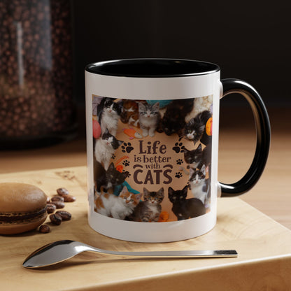 Cat Lover Accent Coffee Mug — “Life Is Better With Cats” 11/15oz
