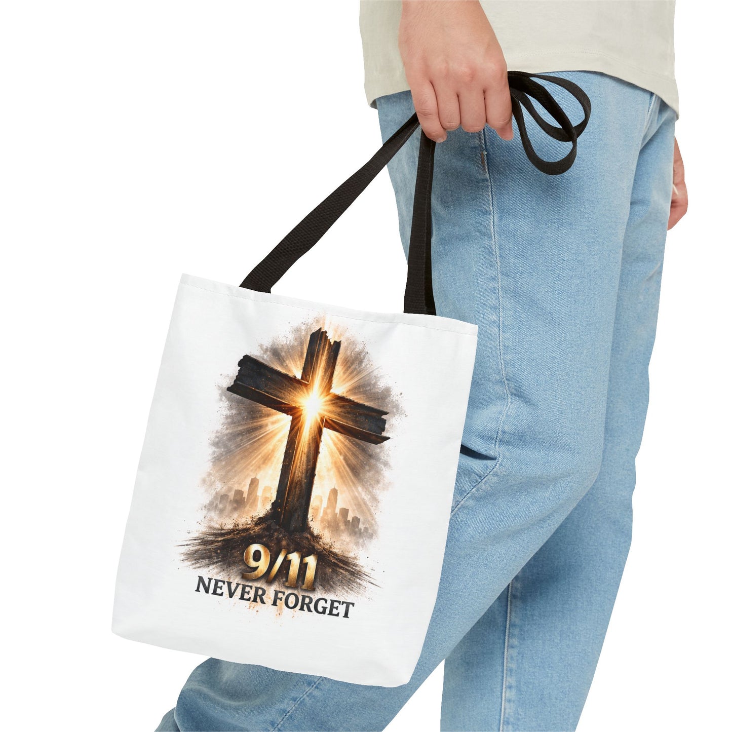 9/11 Never Forget Cross Memorial Tote Bag — Patriotic Remembrance Shopper