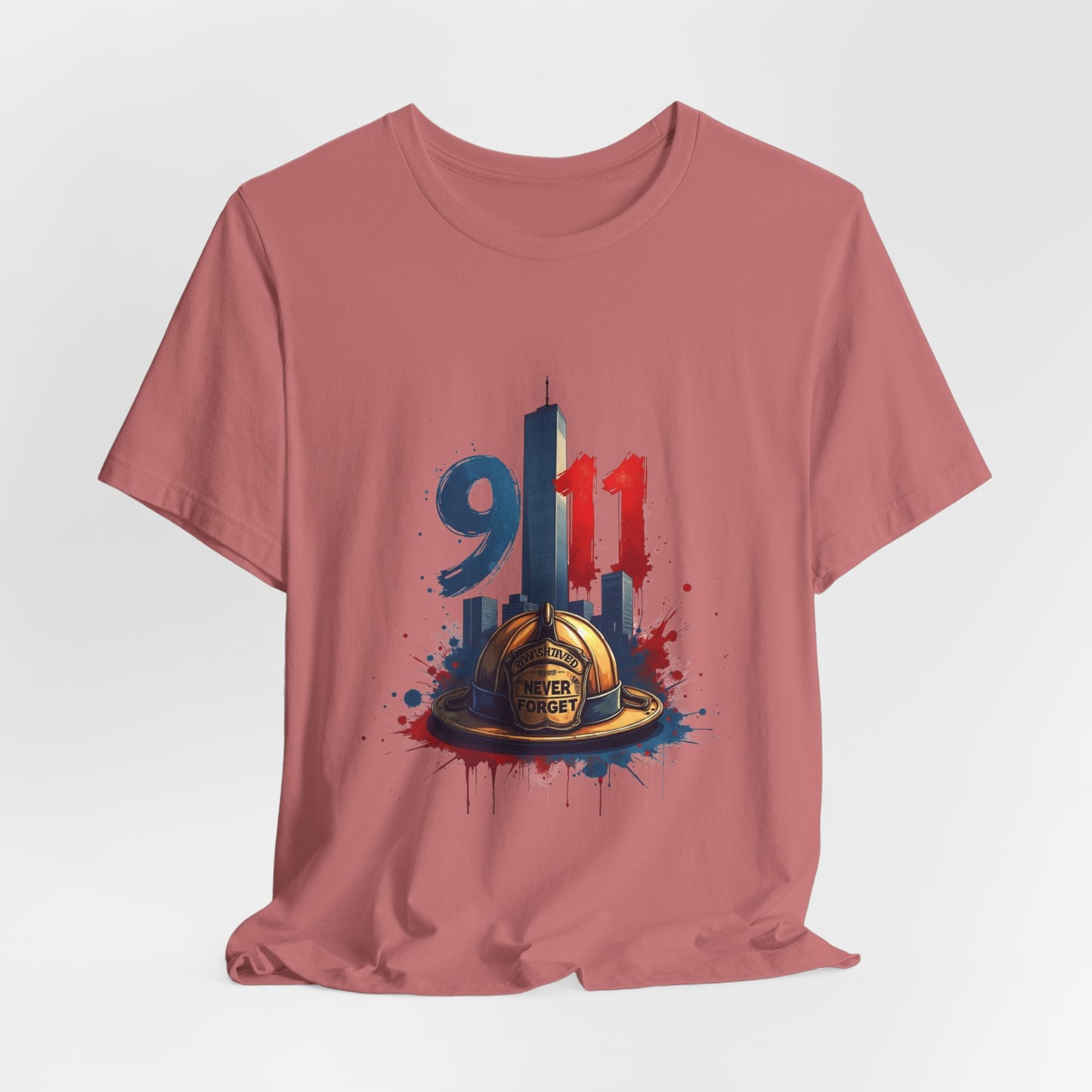9/11 Firefighter Memorial Tee — Tribute T-Shirt with Helmet & Twin Towers Design