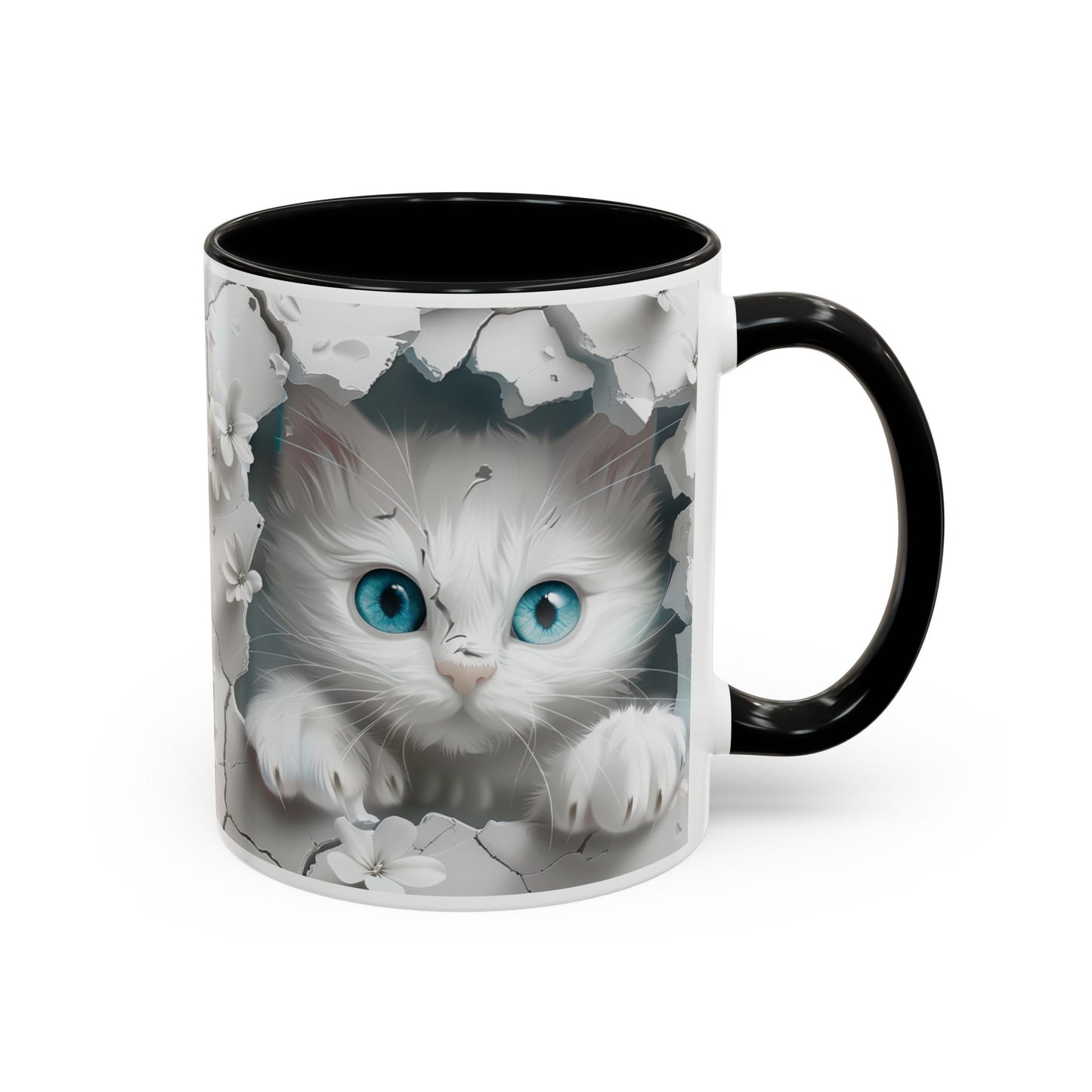 Cute Blue-Eyed Kitten Accent Coffee Mug – Floral Peekaboo Cat Design (11/15 oz)