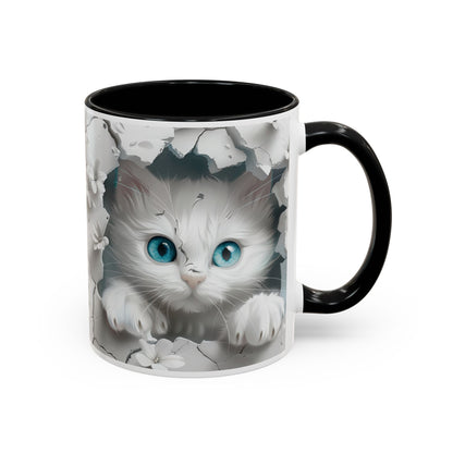 Cute Blue-Eyed Kitten Accent Coffee Mug – Floral Peekaboo Cat Design (11/15 oz)