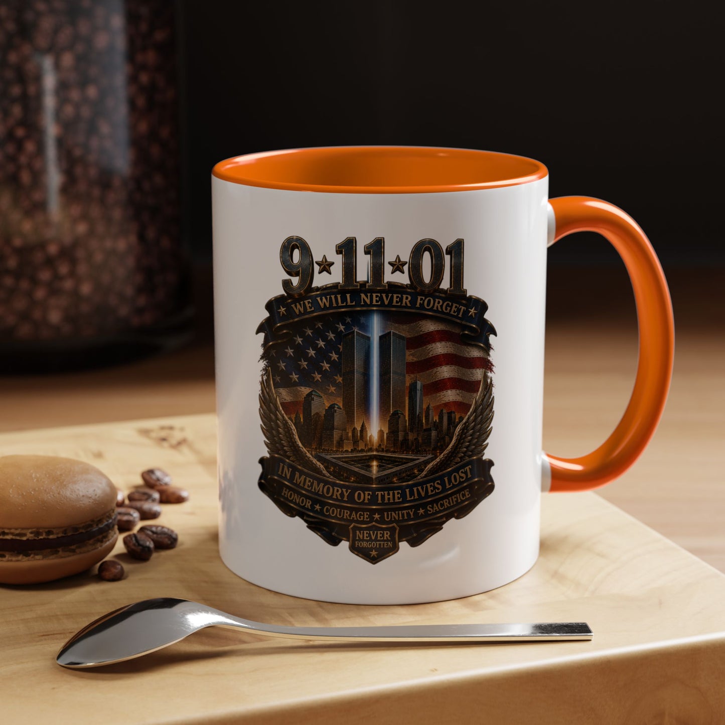 9/11 Memorial Coffee Mug — 'We Will Never Forget' Tribute Accent Mug