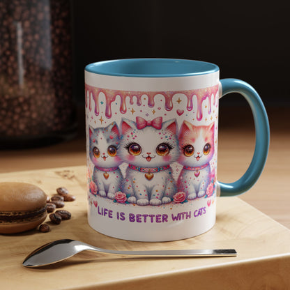 Cute Pastel Kawaii Cat Mug – "Life Is Better With Cats" Accent Coffee Cup (11/15 oz)