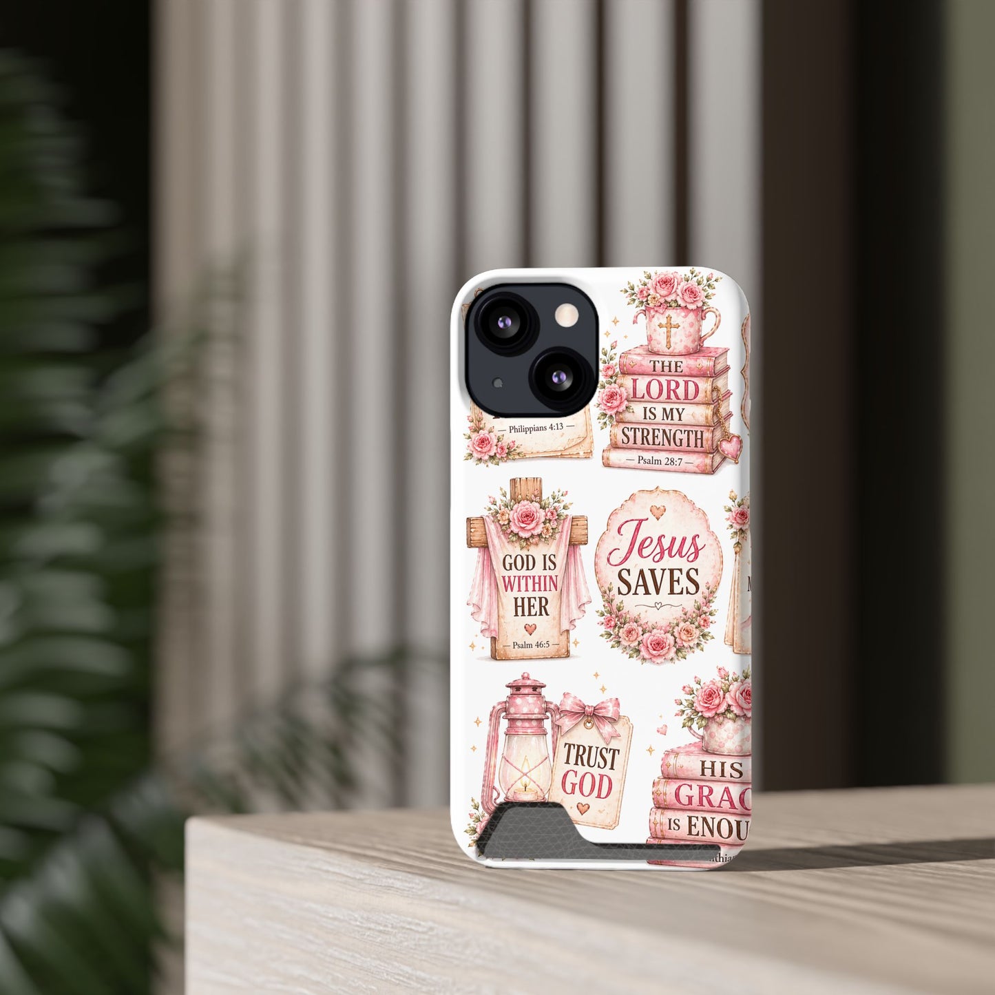 Christian Floral Phone Case with Card Holder — 'Jesus Saves' Inspirational Design