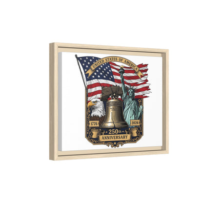 Liberty 250th Anniversary Framed Canvas Print — American Flag, Statue of Liberty & Liberty Bell Art