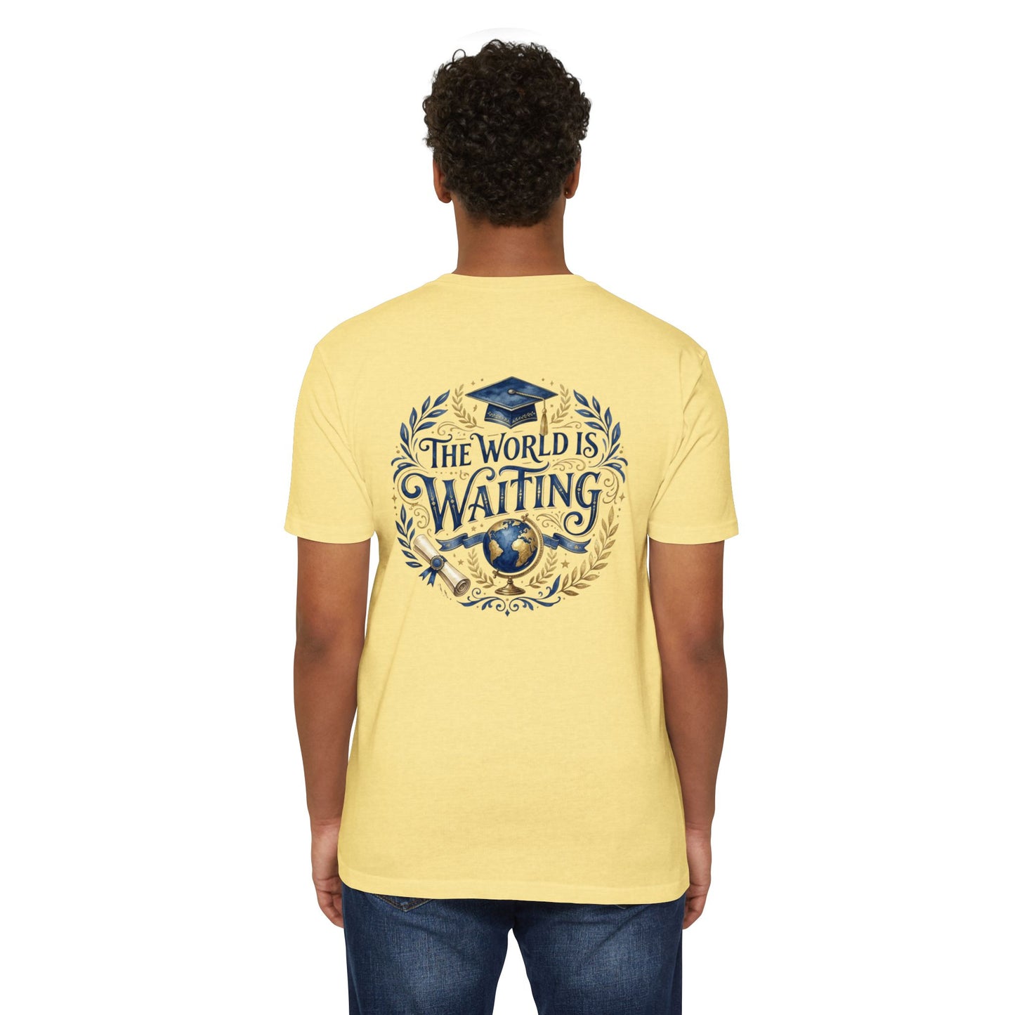 Graduation T-Shirt - "The World Is Waiting" Cap & Globe Design