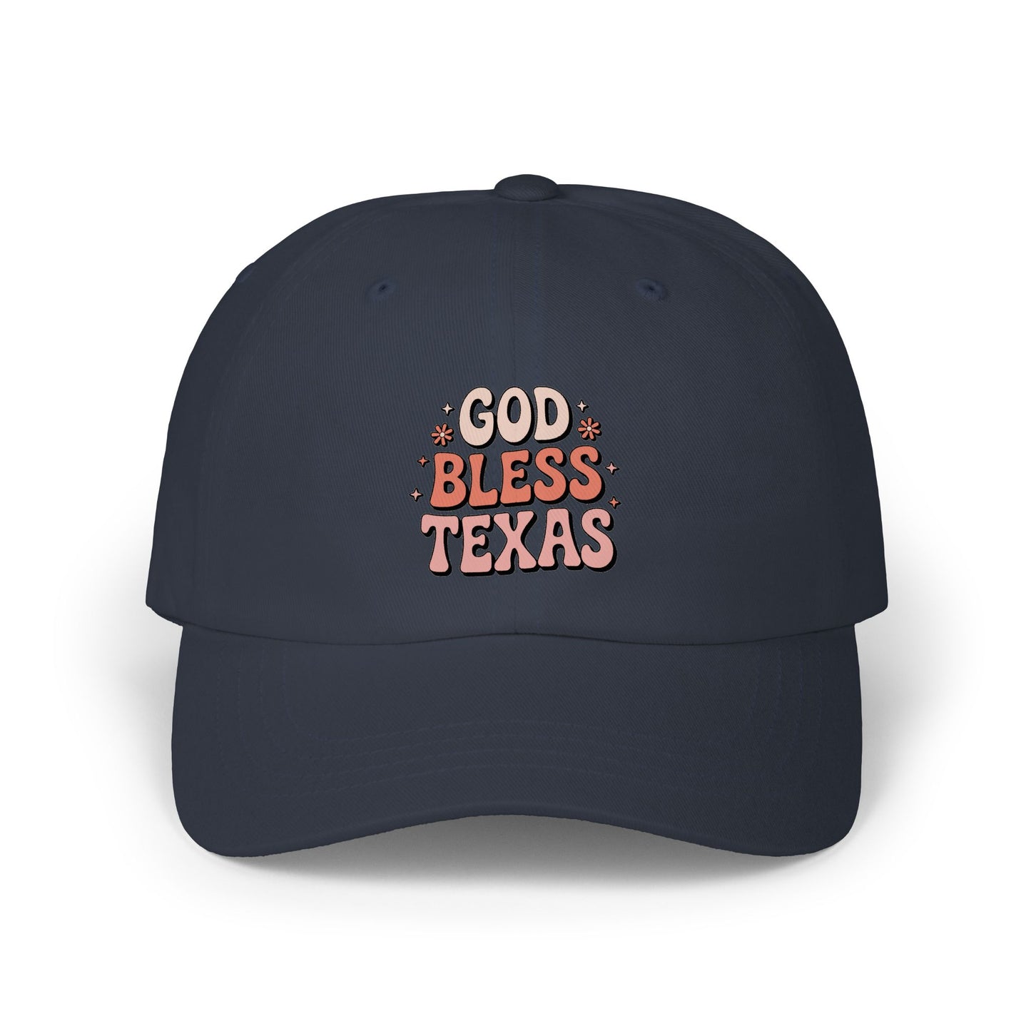 God Bless Texas Dad Cap — Retro Script Embroidered Baseball Hat