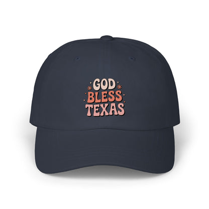 God Bless Texas Dad Cap — Retro Script Embroidered Baseball Hat