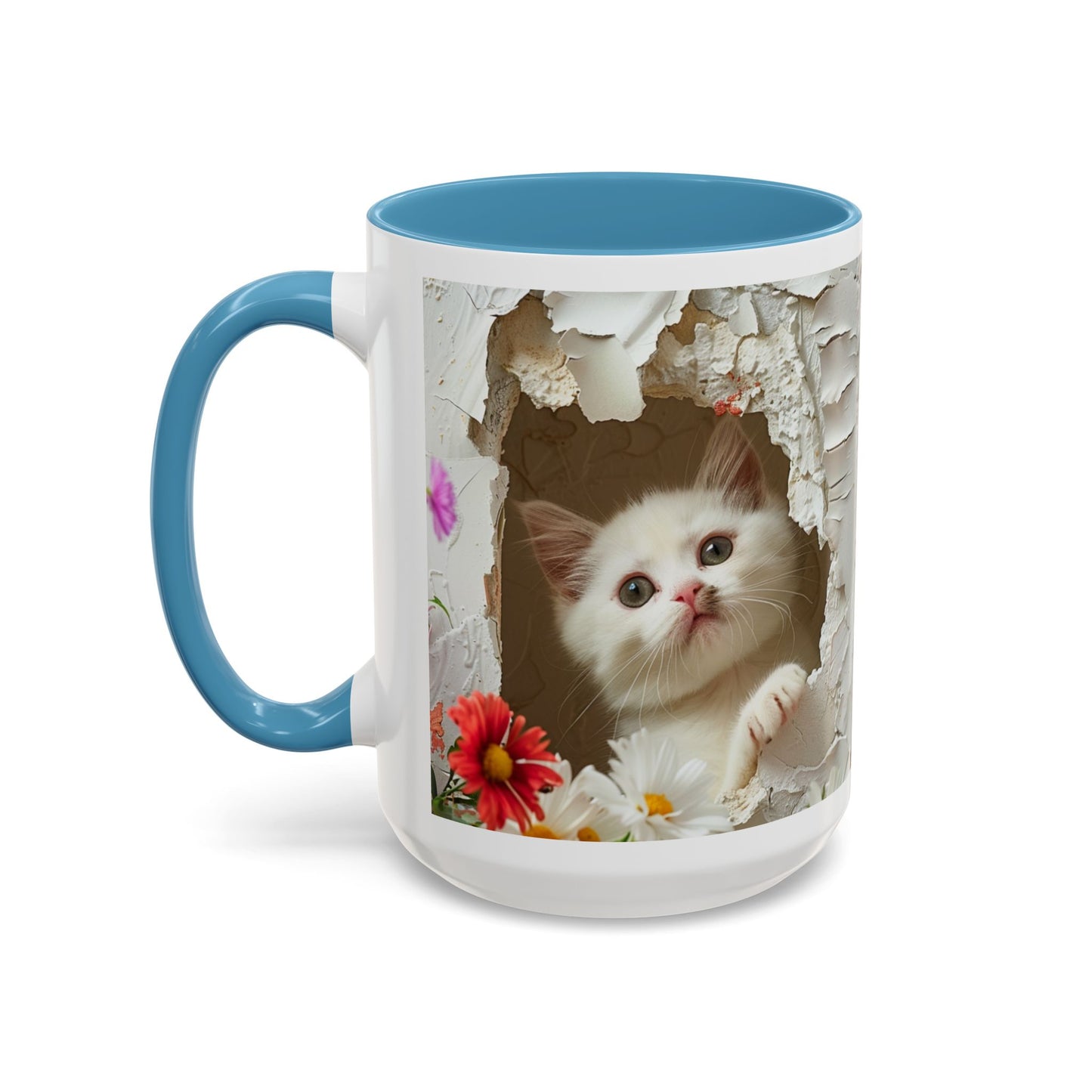 Peek-A-Boo Kitten Accent Coffee Mug — Cute Cat Floral Design (11/15oz)
